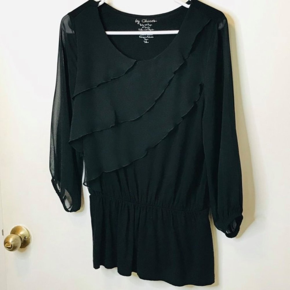 Chico's Front Ruffle Long Sleeve Black Top